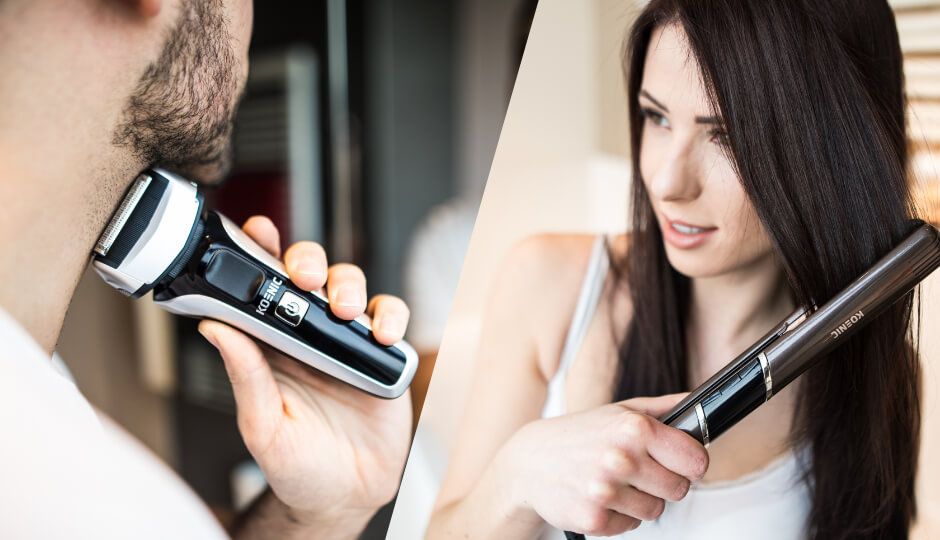 Homem jovem apara a barba com um aparador de barba da marca KOENIC, uma mulher jovem usa um alisador da marca KOENIC, colagem, vista de perto